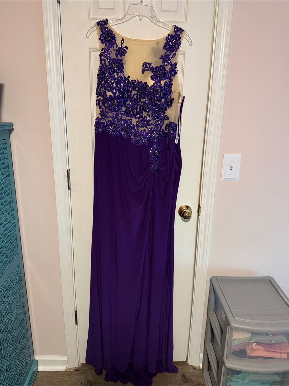 Embellished Purple Maxi Evening Dress with Illusion Bodice